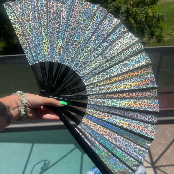 Silver Reflective Holographic Iridescent Folding Hand Clack Fan Rave EDC EDC - Picture 2 of 3